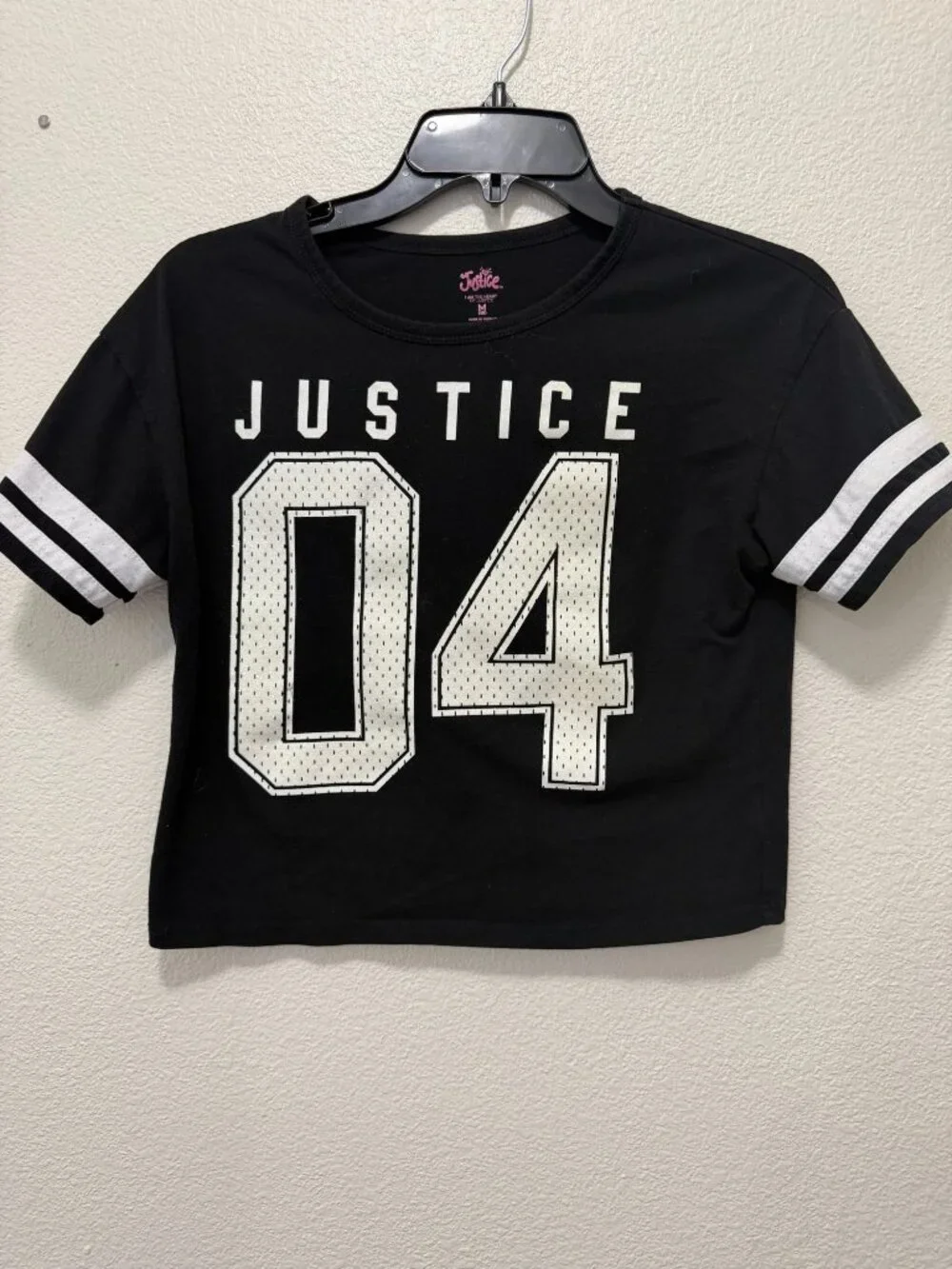 Justice black cropped short sleeve t-shirt, iridescent logo and numbers, Medium